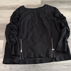 Black Ruffle Sleeve Zip-Accent Women's Top